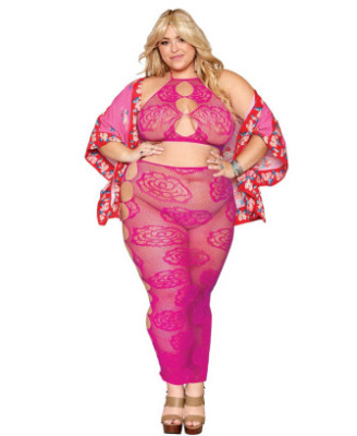 Ensemble Soutien-gorge et jupe longue en filet rose, grande taille 